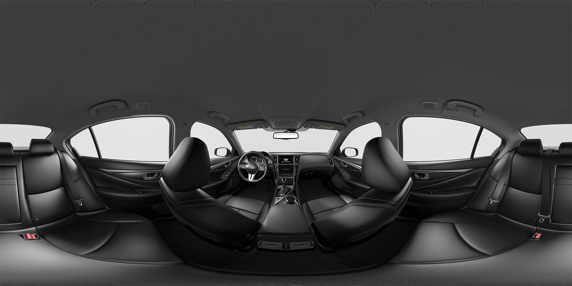 Vue de l’intérieur de l’INFINITI Q50 2022 avec sièges en cuir graphite et garnitures en aluminium texturé