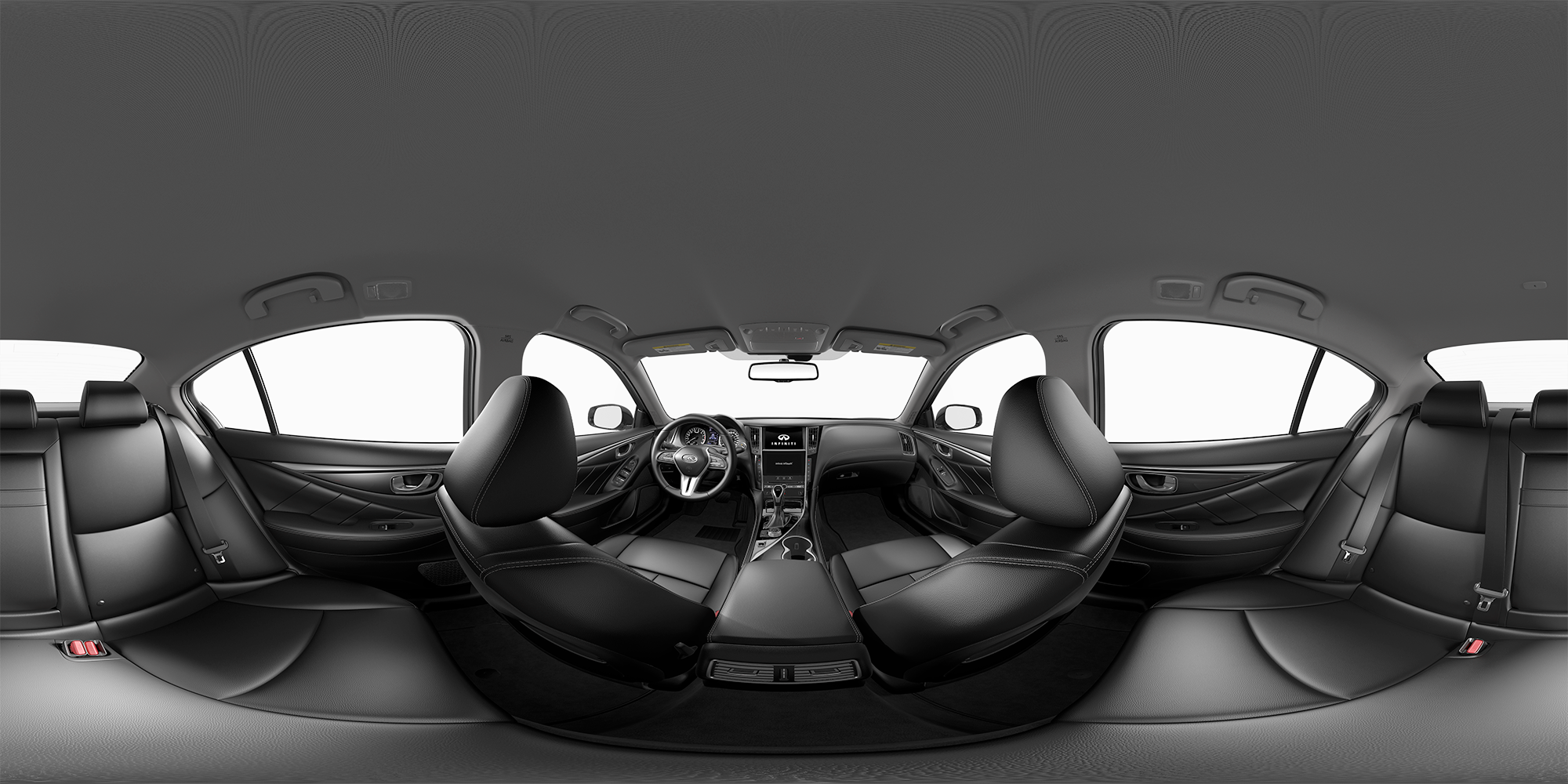Vue de l’intérieur de l’INFINITI Q50 2023 avec sièges en cuir graphite et garnitures en aluminium texturé